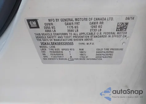 2014 GMC Terrain Slt-1 z USA, uszkodzony, nr VIN 2GKALSEK0E6328393